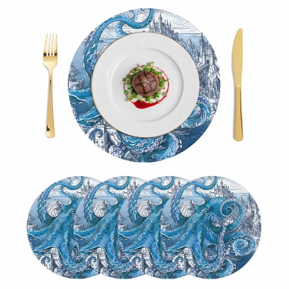 Ocean Blue Octopus Round 13 Inch Placemats Set of 4, Nautical Castle Coastal Lighthouse HeatResistant Non Slip Place Mats for Dining Table, Wipeable Braided Kitchen Table Mats for Housewarming