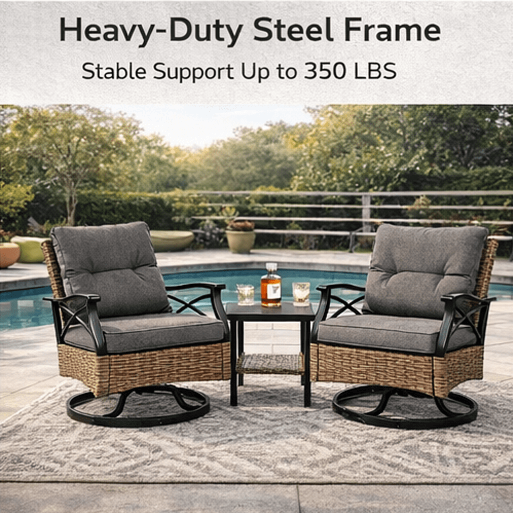 Patio Furniture Set, 3 Pieces Outdoor Swivel Rocker Chairs Set of 2, Rattan Wicker Conversation Set with 2 Rocking Swivel Chairs & Side Table, 360° Rotation Deep Seating for Porch Backyard Deck