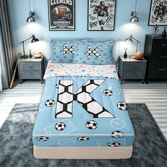 meiyoeat Soccer Letter K Zipper Twin Comforter Sets with Fitted Sheet and 2 Pillowcases for Boys Kids, Ball Field Zipper Bedding Set for , Blue, Colorful Stars Reversible, 4-Piece