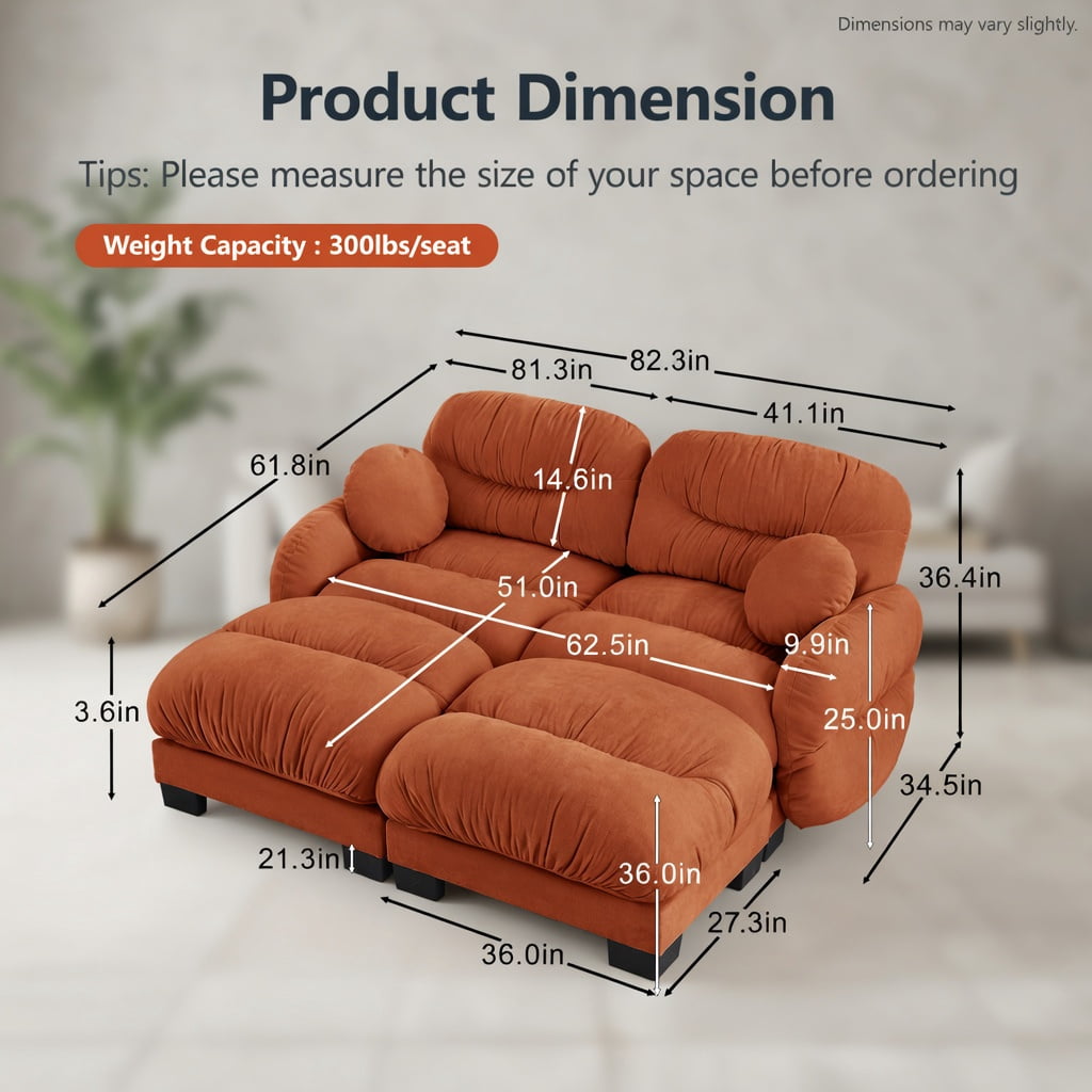 Hommoo Chenille 2-Seater Modular L-Shaped Sectional Sofa with Ergonomic Foam, Curved Armrests, 2 Ottomans & Throw Pillows, Pleated Back Design, Orange