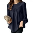 thumbnail image 2 of Diufon Cotton Long Sleeve T Shirts for Women Fashion Pleated Solid Color Tunics Round Neck Blouses, 2 of 7