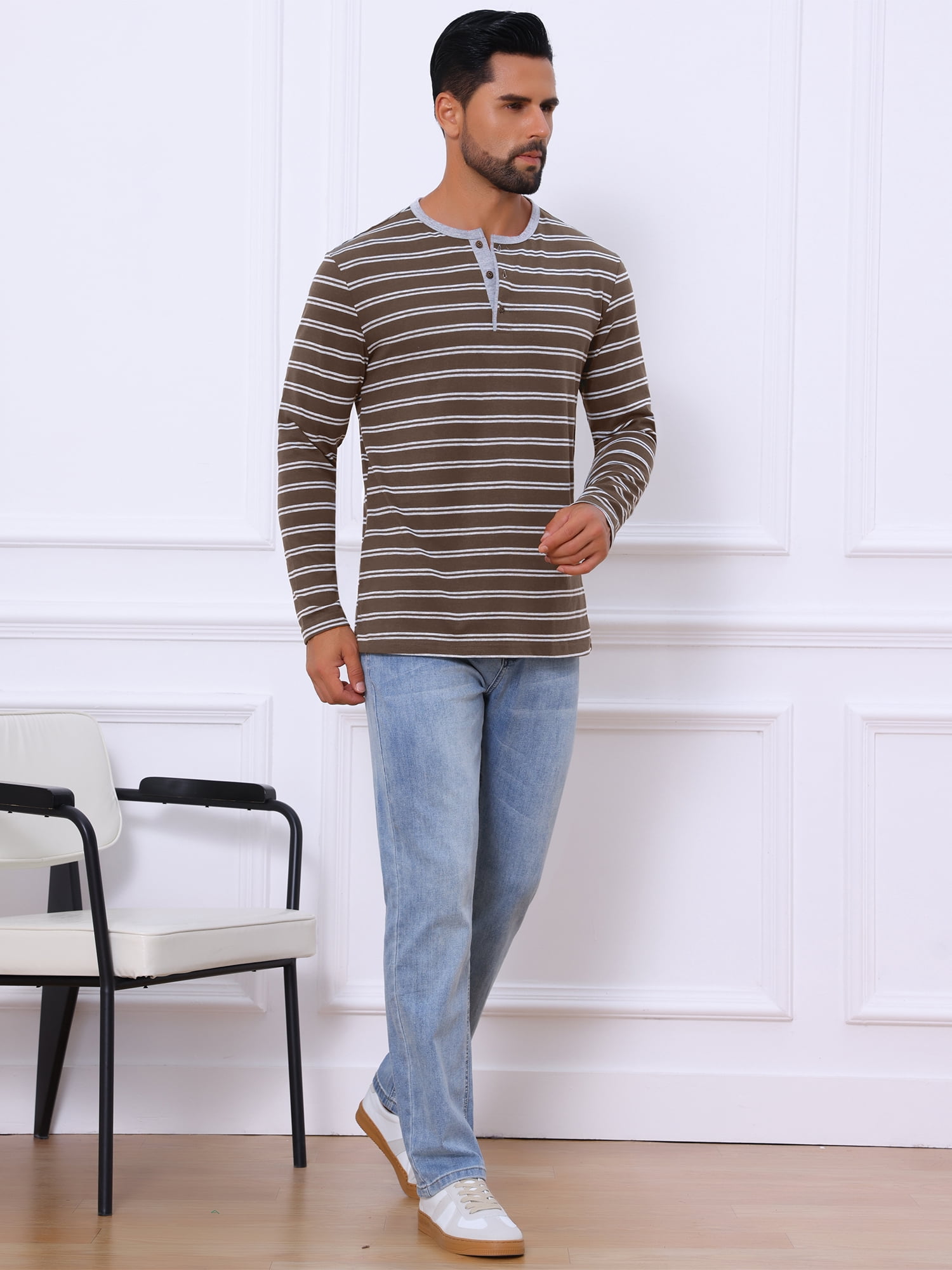 DARING DIVA Men's Long Sleeve Contrasting Colors Striped Henley T-Shirt XL Dark Brown