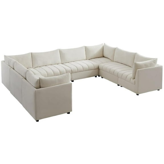 Maklaine Contemporary Velvet Modular Sectional w/ Deep Channel Tufting in Cream