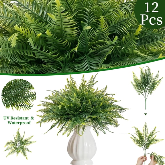 12 Pcs Fake Ferns for Outdoors UV Resistant Faux Fern Plants, Artificial Greenery Fern Stmes for Outside, Garden Porch & Patio Greenery Decor