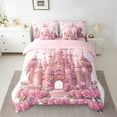 thumbnail image 2 of 7 Pcs Pink Castle Print Bed in a Bag, Cute Cartoon Castle Decor Bedding Queen Size Princess Themed Decor Bedding Set with Comforter Romantic Themed Bed Set, Rustic Flowers Sheet Set, 2 of 5