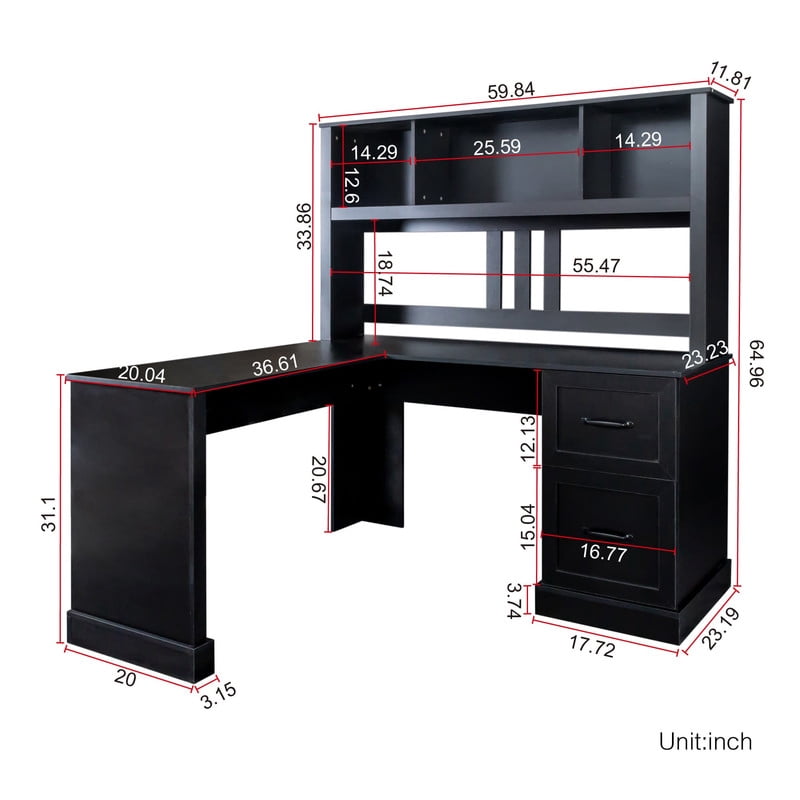 L-Shaped Executive Computer Desk with Hutch, 59.84'' Office Desk Work Desk with 2 Drawers and Storage Shelf for Home Office