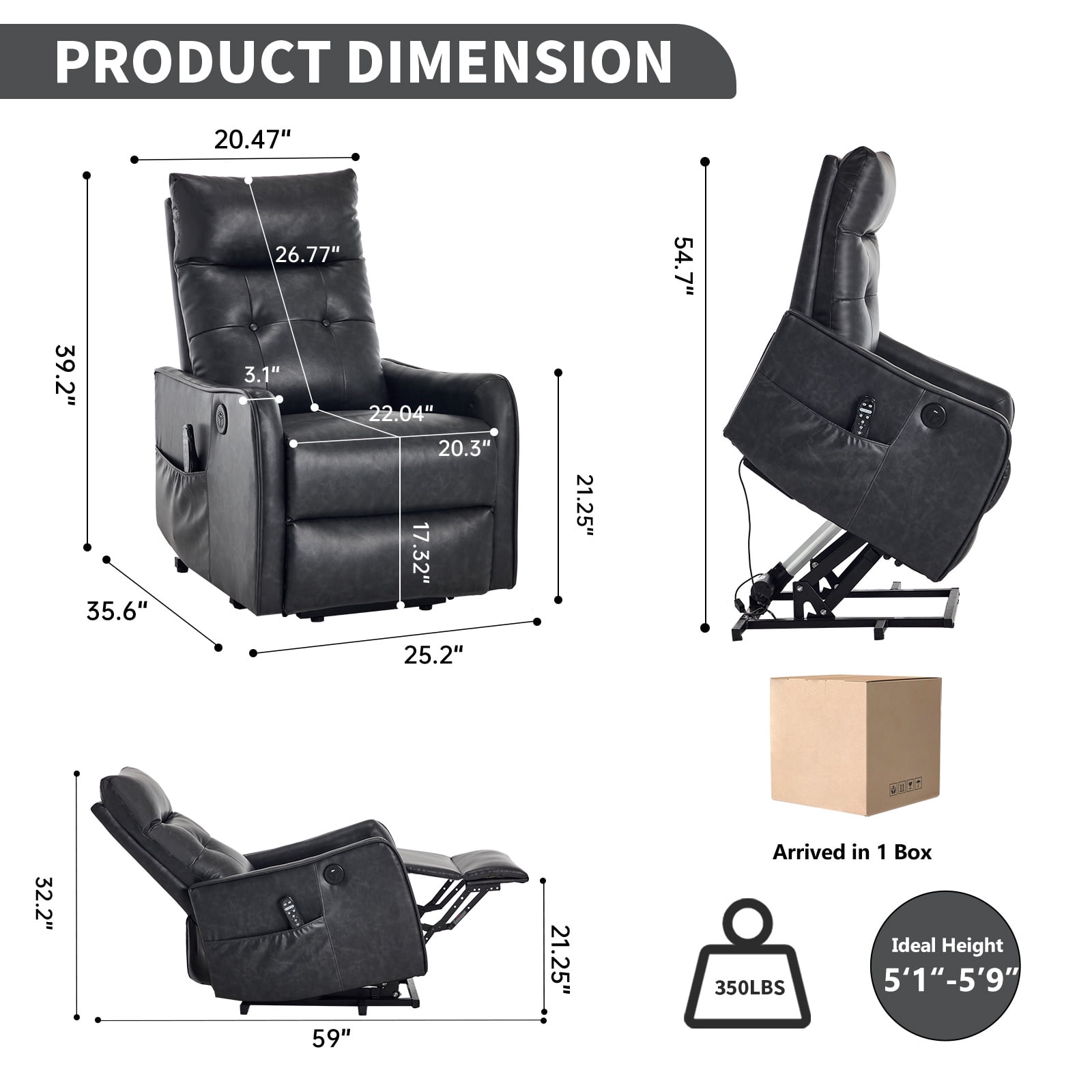 Power Lift Recliner Chair with Massage & Heat for Seniors, Heavy Duty Faux Leather, USB Charging Port, 155° Max Recline, Easy Assembly, Perfect for Living Room Comfort