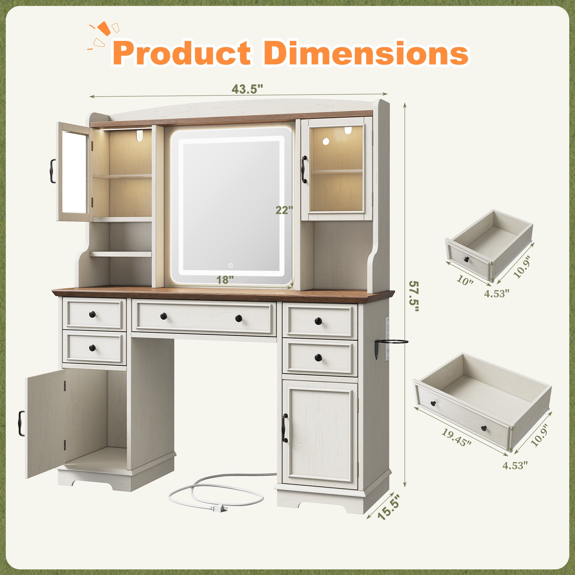 EnHomee Vanity Set with Mirror and Lights Farmhouse Vanity Desk with 5 Drawers & 2 Storage Cabinets Makeup Vanity Table with Lighted Mirror,White