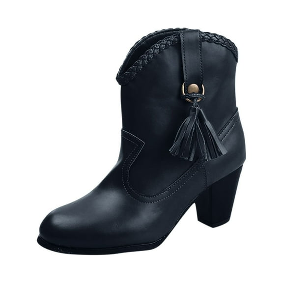 Fesfesfes Faux-Leather Boots for Women Winter Solid Color High Tube Fleece Warm Synthetic With Thick Heels And Fringe 6(37)