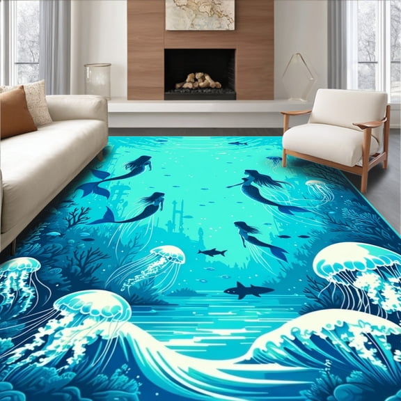 ODIKA 4'x6' Machine Washable Non-Slip Area Rug, Mermaids Ocean Non Slip High Traffic Rug, Blue, 87366