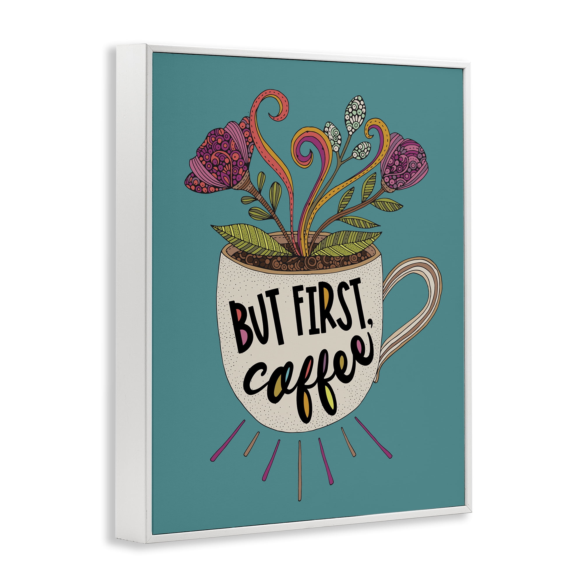 Stupell Industries First Coffee with Florals Botanical & Floral Painting White Framed Art Print Wall Art, 11 x 14