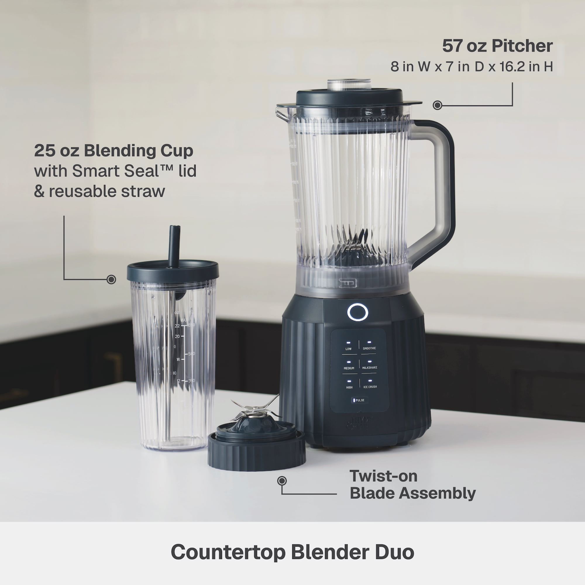 Thyme & Table Countertop Blender Duo, 1100W, 57oz Tritan Pitcher, 6-Point Stainless Steel Blade, 25oz To-Go Cup with Smart Seal™ Lid and Straw, Atlantic Blue