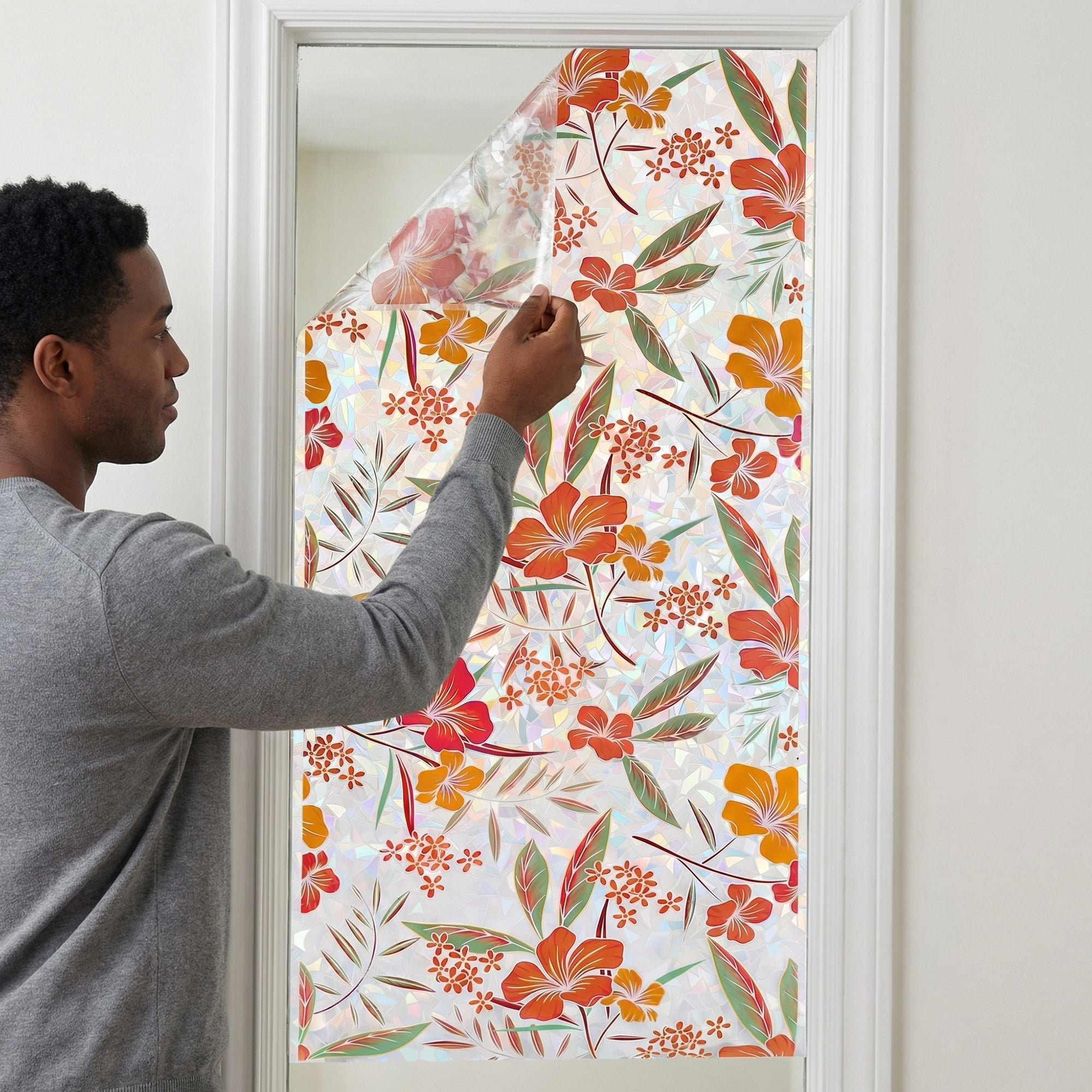 Unique Bargains No Glue Static Cling Flowers Window Film Pink Orange 39.4" x 17.7"