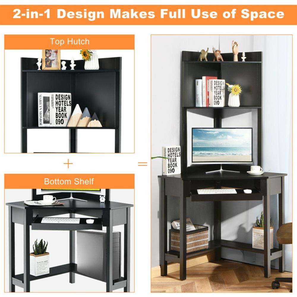 Demi Bonn Corner Computer Desk with Hutch and Storage Shelves, Small Home Office Desk Study Writing Table, Black