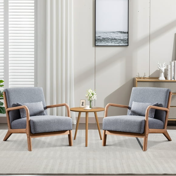 Bonzy Home Mid Century Modern Accent Chair with Wood Frame, Upholstered Living Room Chairs with Waist Cushion, Reading Armchair for Bedroom Sunroom (Gray)