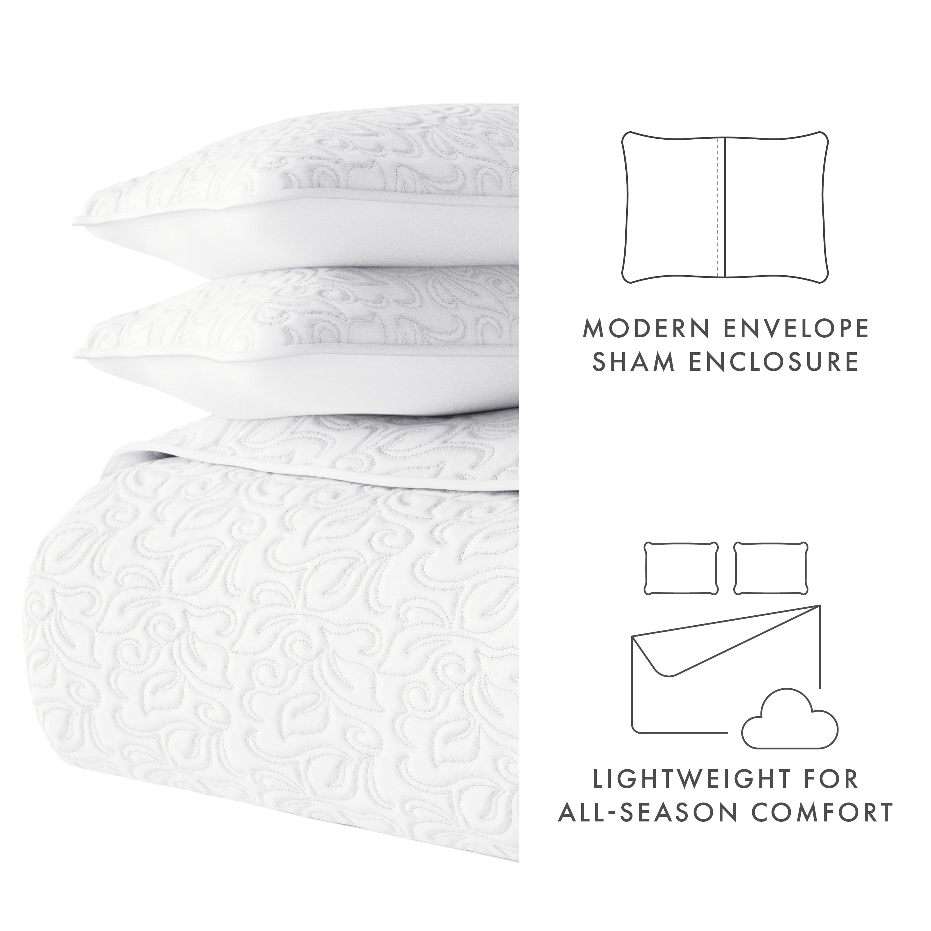 Noble Linens 3 Piece White Floral Stitch Quilt Set, Queen / Full