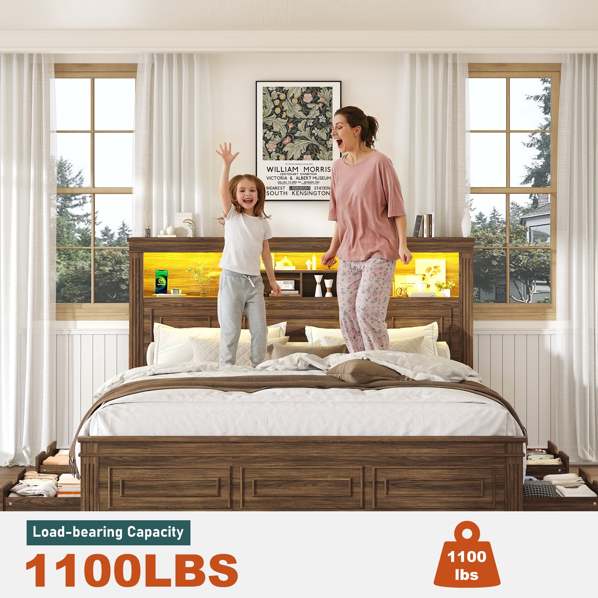 ANPOO Farmhouse King Size Bed Frame with 51" Tall Headboard & 4 Drawers, King Bed Frame and Headboard with LED Lights & Charging Ports, No Box Spring Needed, Wooden, Rustic Brown
