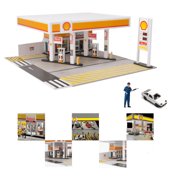1/64 Scale Shell Gas-Station Building Scene Model,Miniature Dollhouse Model kit, Holiday Gift (with 1 Cars & 1 Figures)