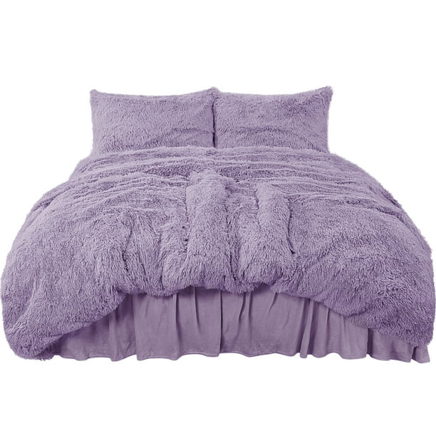 Unique Bargains 4Piece Plush Shaggy Duvet Cover Bedding Set Lavender