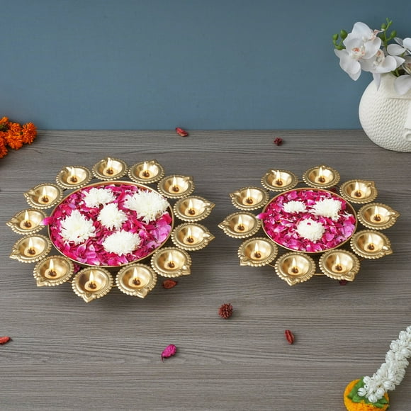 Golden Metal Handcrafted Flower Shape Designer Urlis With Diyas Set Of 2 | Perfect For Home, Office, Wedding, Diwali Decor