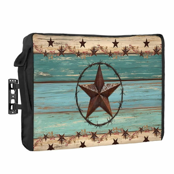 Outdoor TV Cover 30 to 32 Inches, Texas Star Bless Our Home Rustic Farmhouse Turquoise Wood Grain Waterproof TV Cover with Remote Control Pocket, Flat Screen TV Cover Protector for Outside TV