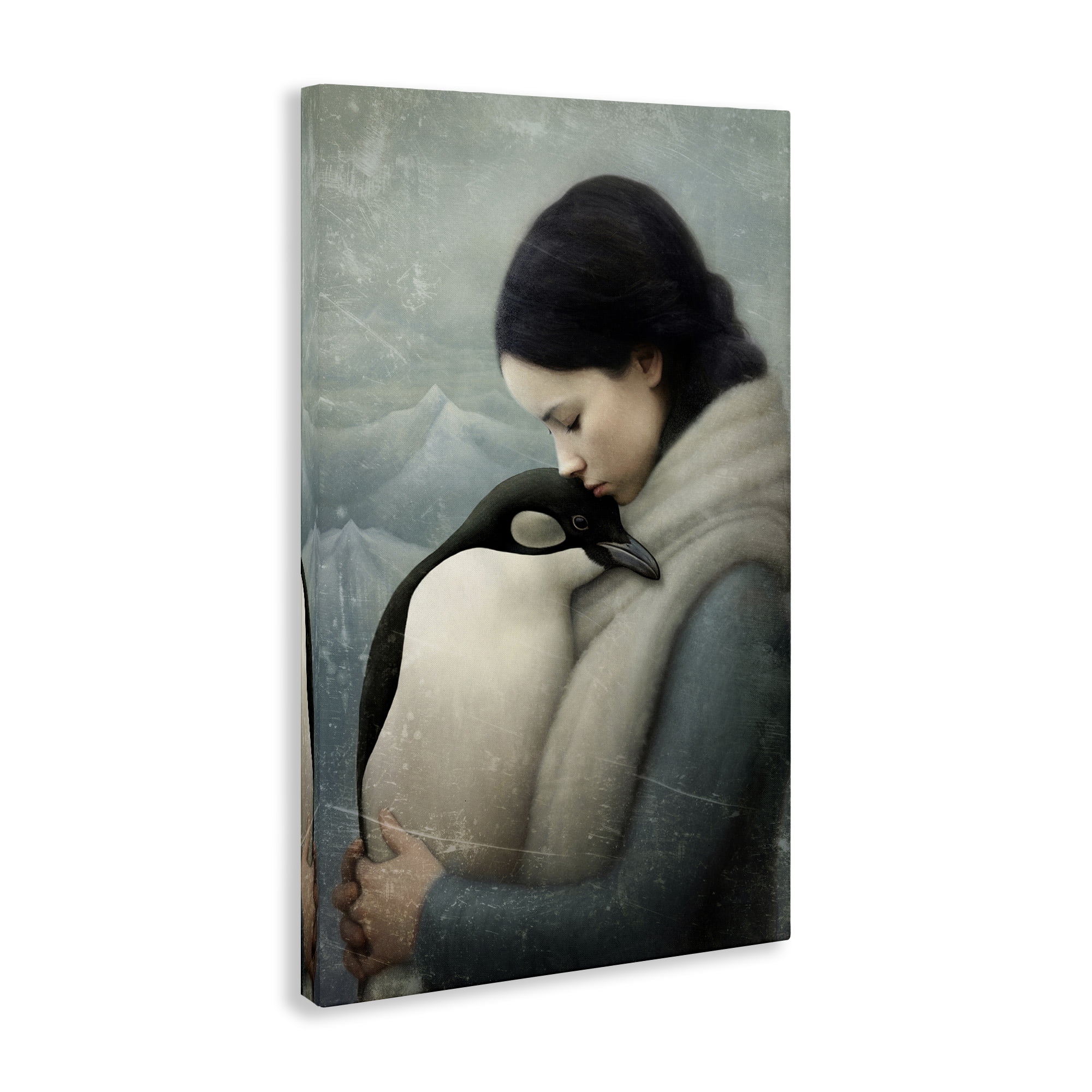 Stupell Industries Girl and Her Penguin People Painting Wrapped Canvas Art Print Wall Art, 30 x 45