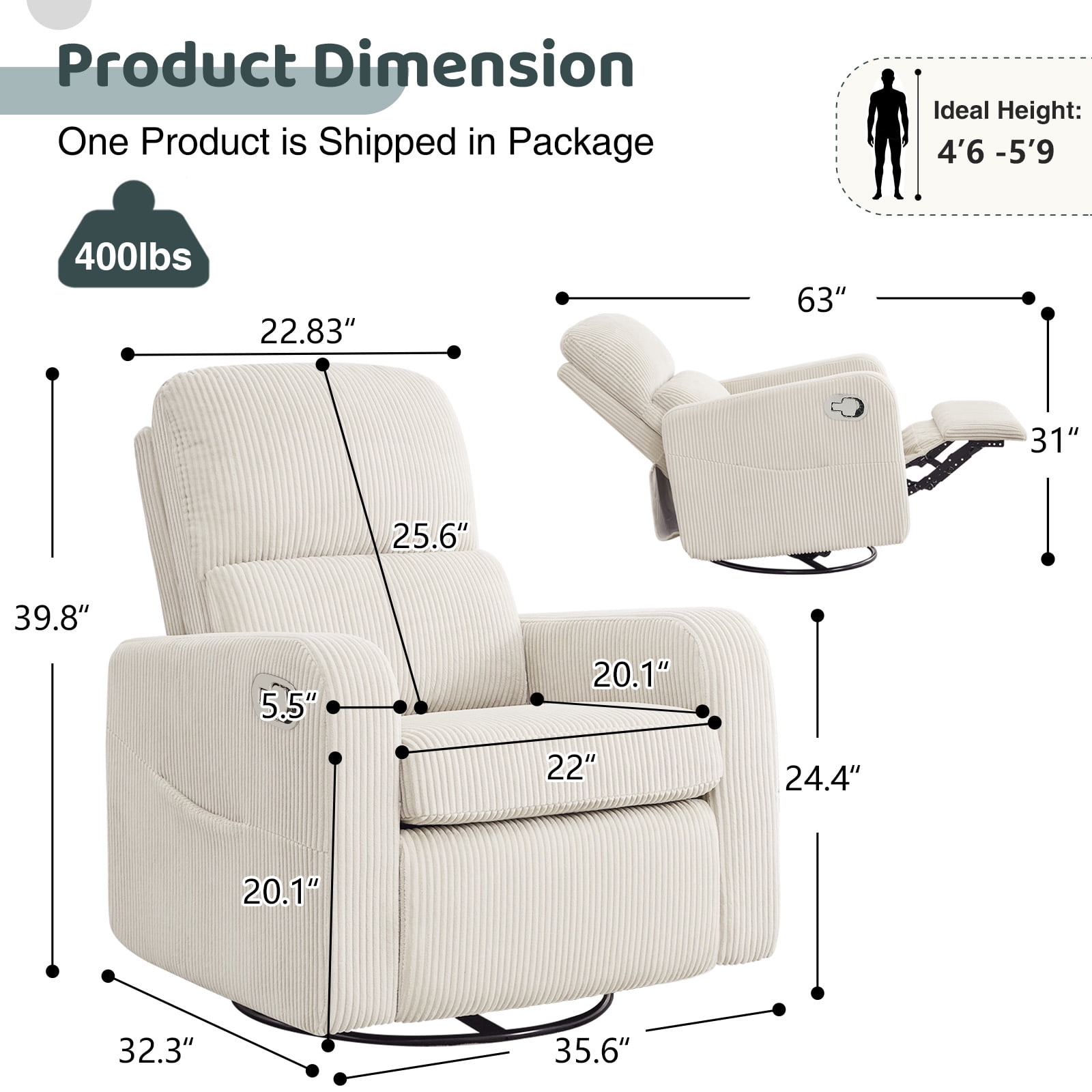 Aemeios Swivel Manual Recliner Chair Corduroy Fabric Nursery Glider Rocker Recliner, White