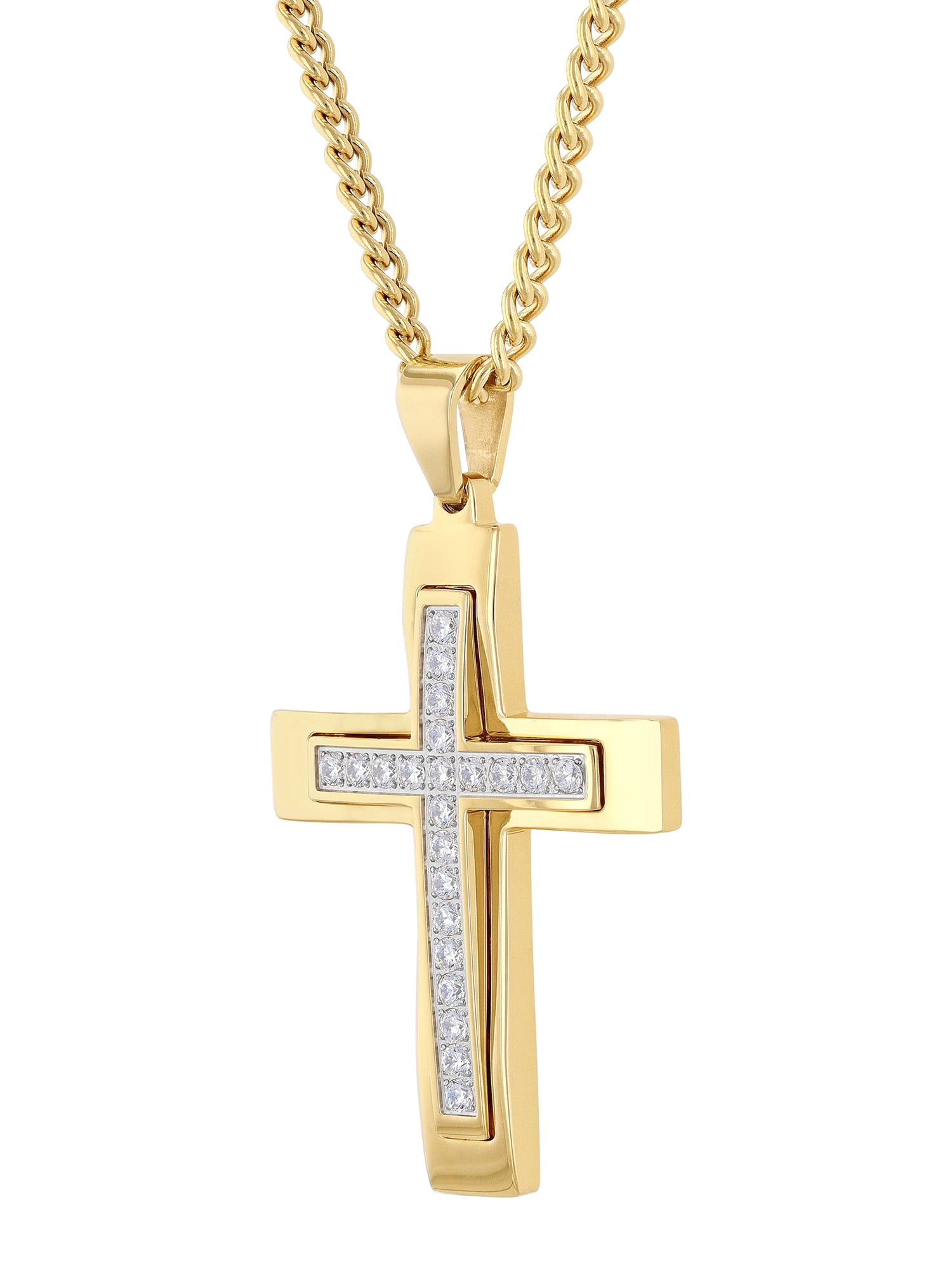 Men's Gold-Tone Stainless Steel Cubic Zirconia Cross Pendant 24" Necklace
