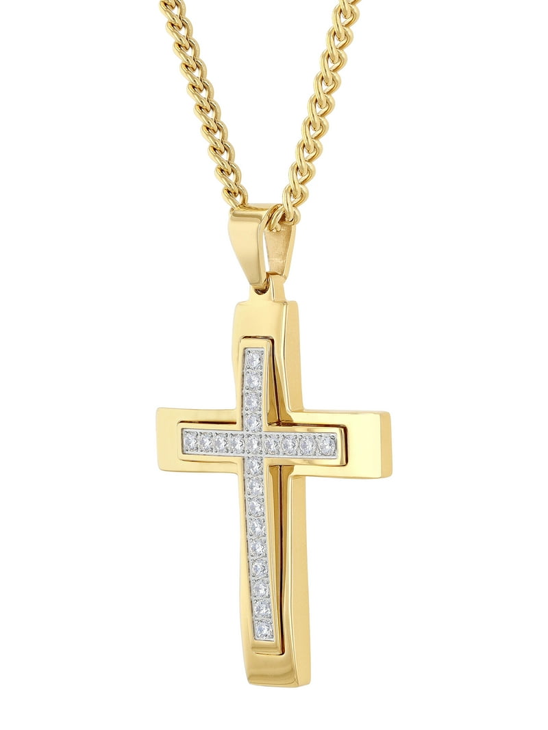 Men's Gold-Tone Stainless Steel Cubic Zirconia Cross Pendant 24