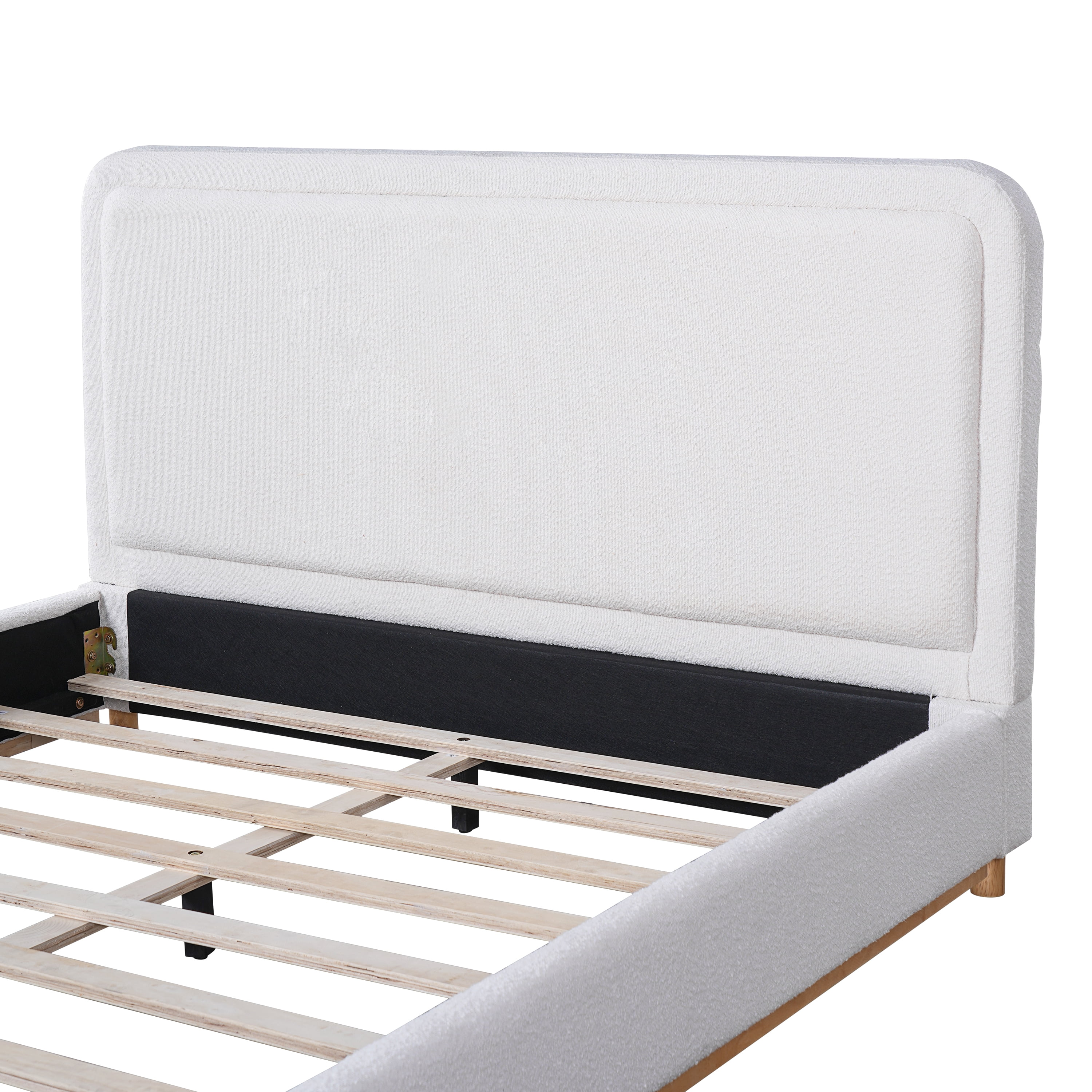 Queen Size Bed Frame with Boucle Upholstered Curved Headboard & Solid Wood Base, Platform Bed for Bedroom, White