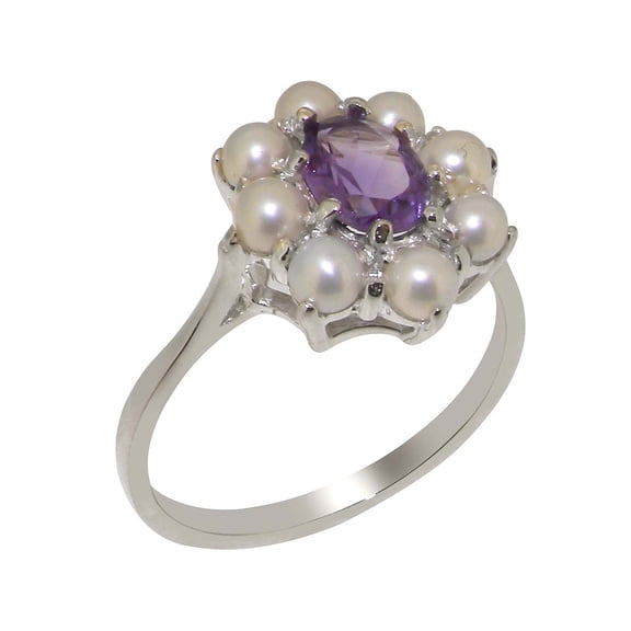 LBG British Made 18k White Gold Natural Amethyst & Cultured Pearl Womens Anniversary Ring - 33 size options - Size 5.5
