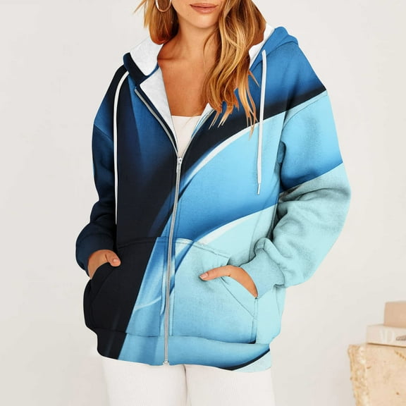 AOOCHASLIY Women Winter Coat Women's Casual Printed Long Sleeve Zipper Hooded Tops Blouse with Pocket Sweatshirt Jackets