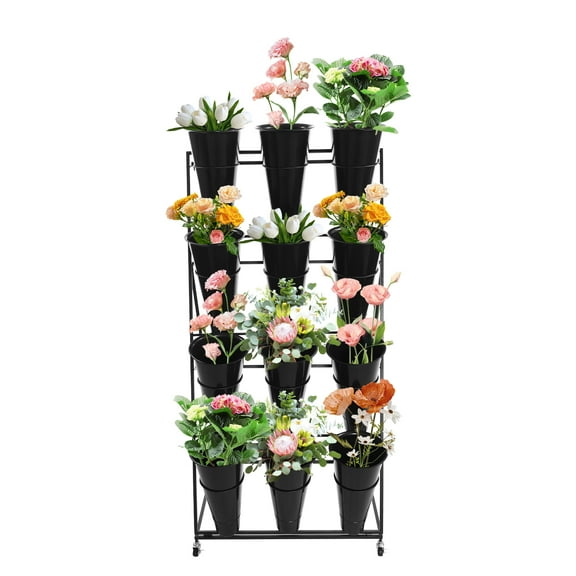 ChicHomey 4-Tier Iron Flower Display Stand with 12 Buckets,Moving Florist Bouquet Shelf W/4 Universal Wheel for Home/Florist/Wedding & Event Decoration