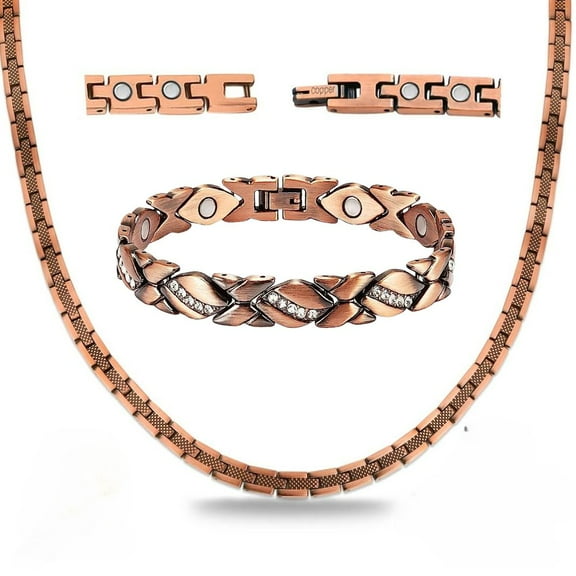 Wollet Magnetic Copper Necklace&Bracelet for Women,CZ Stone, Pure Copper Jewelry Set of 2 (20in  8 in) (CPN-0088Q COB-0145)