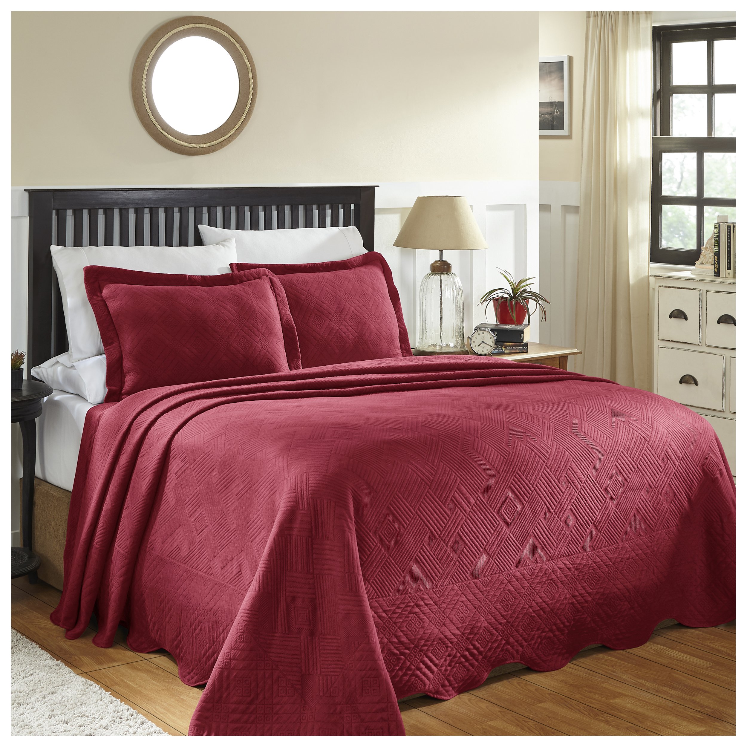 Superior 100 Cotton Geometric Fret Scalloped Bedspread Set Burgundy