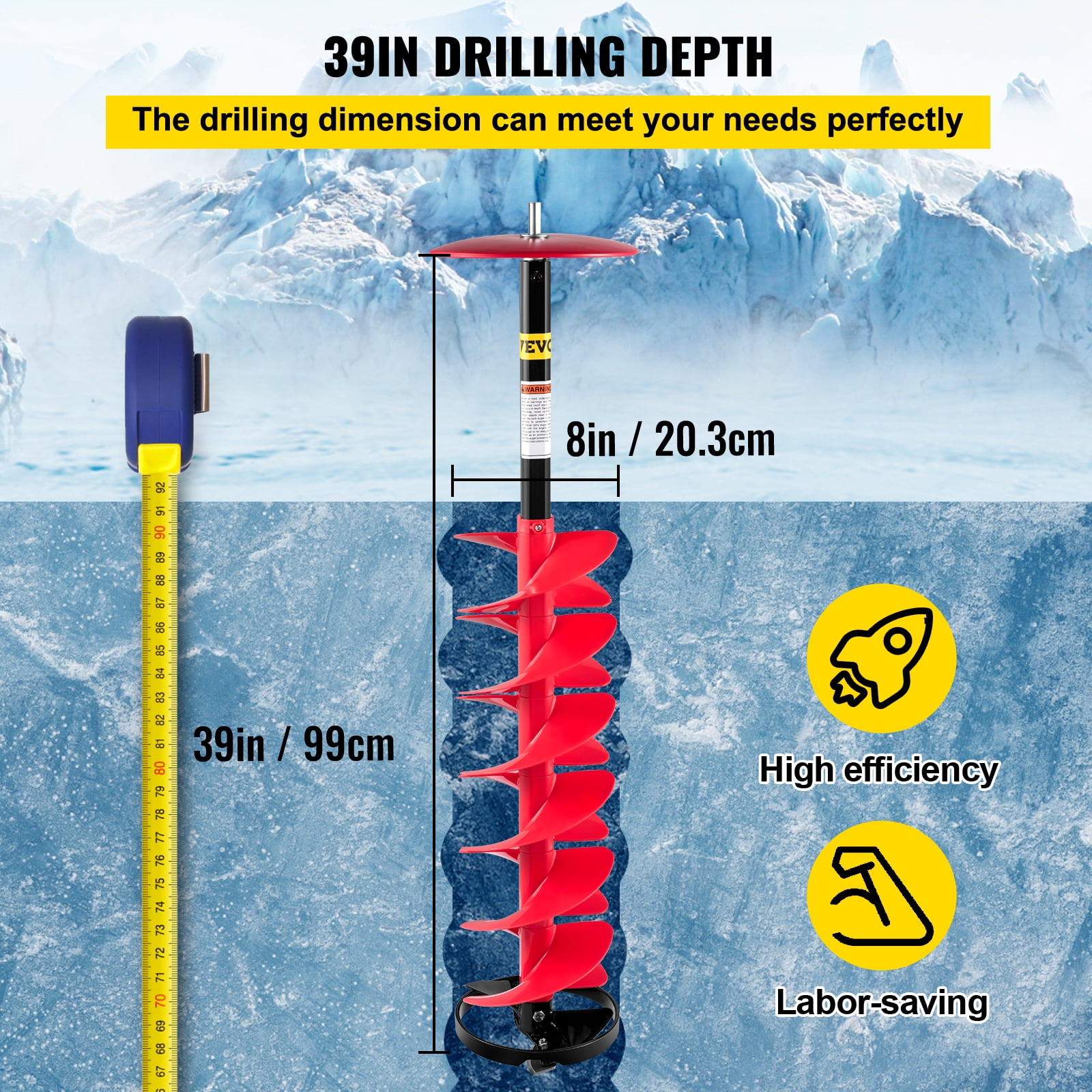 VEVOR Ice Drill Auger, 8'' Diameter Nylon Ice Auger w/ 39'' Auger Bit &11.8" Extension Rod, Auger Bit for Ice Fishing Ice Burrowing, Red