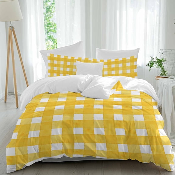 3 Piece Yellow Plaid Duvet Cover Set California King,Microfiber Comforter/Quilt Cover with Corner Ties and 2 Pillowcases,Watercolor Grid Checker Gingham Farmhouse Soft Bedding with Zipper Closure