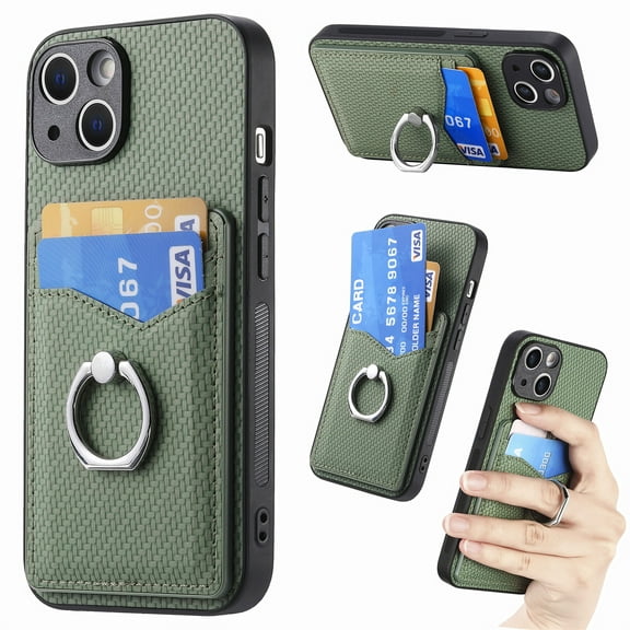 Carbon Fiber Patterned Case for iPhone 15, Wallet case with [360°Rotation Ring Kickstand] Credit Card Holder,PU Leather Shockproof Cover Women Men For iPhone 15, Green