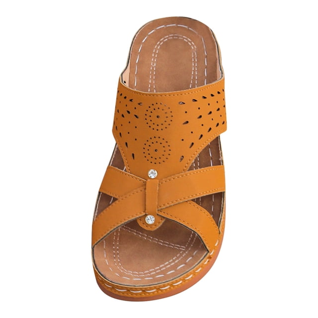 Sandals for Womens Slip on Cross Straps Open Toe Hollow out Rhinestone Arch Support Low Wedge Heels Soft Sole Non Slip Comfortable Breathable Beach Summer Walking Casual Shoes Orange