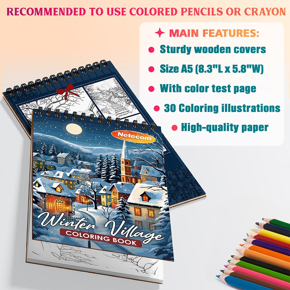 Netecom Winter Village Coloring Book Spiral Bound for Adults, A5 Wooden Cover, 30 Serene Coloring Pages of Cozy Winter Villages for Stress Relief and Relaxation
