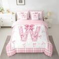 thumbnail image 2 of Feelyou Teens Ribbon Monogrammed Bedding Comforter Set 7-Piece, Pink Initial Letter W King Bedding Sets, Cartoon Cute Plaid Reversible Bed Sheets, Lightweight Room Decor, 2 of 7