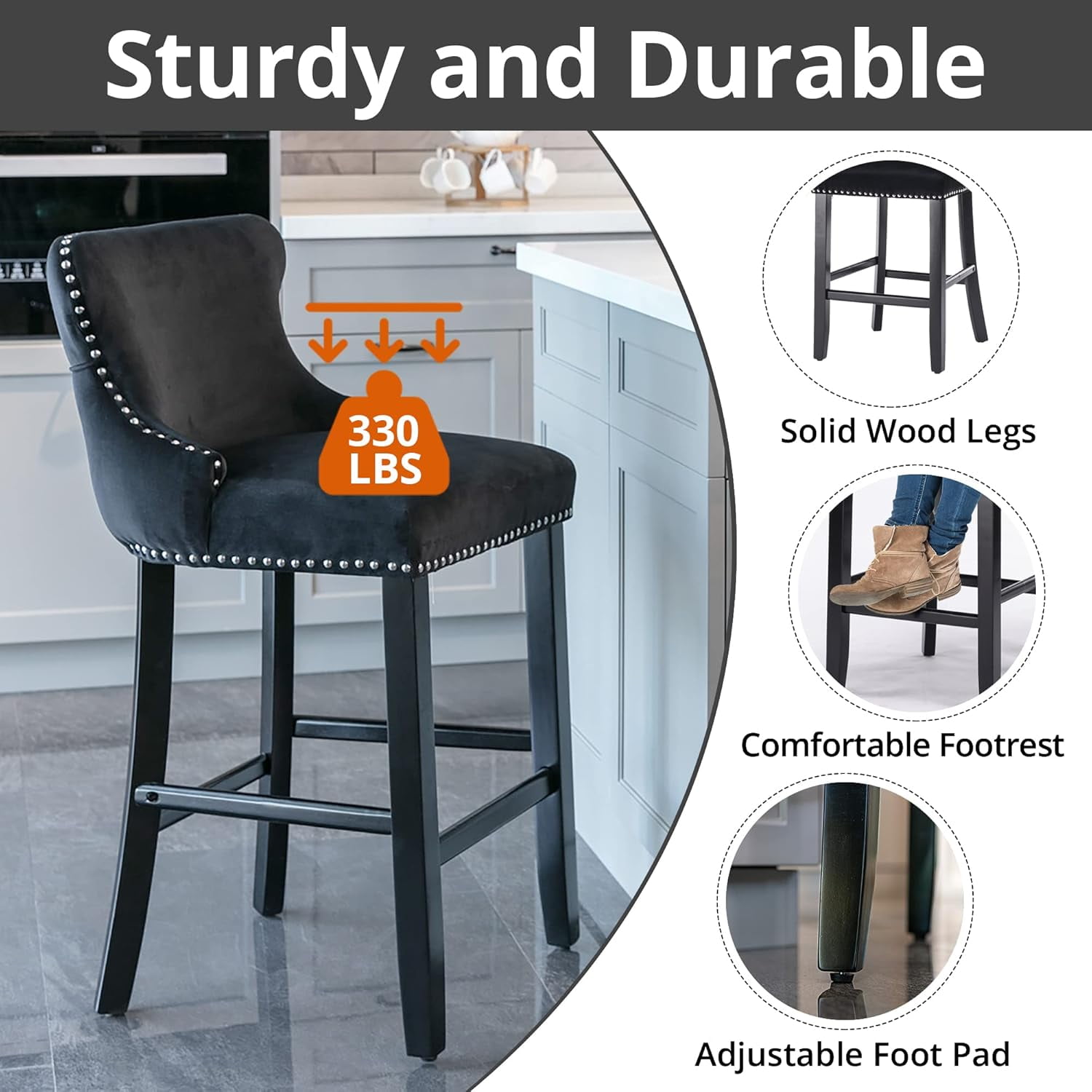 Velvet Wing-Back Bar Stools Set of 2, Button Tufted with Nailhead Trim & Solid Wood Legs, Counter Height Bar Chairs for Kitchen Island Dining Room Pub，Black
