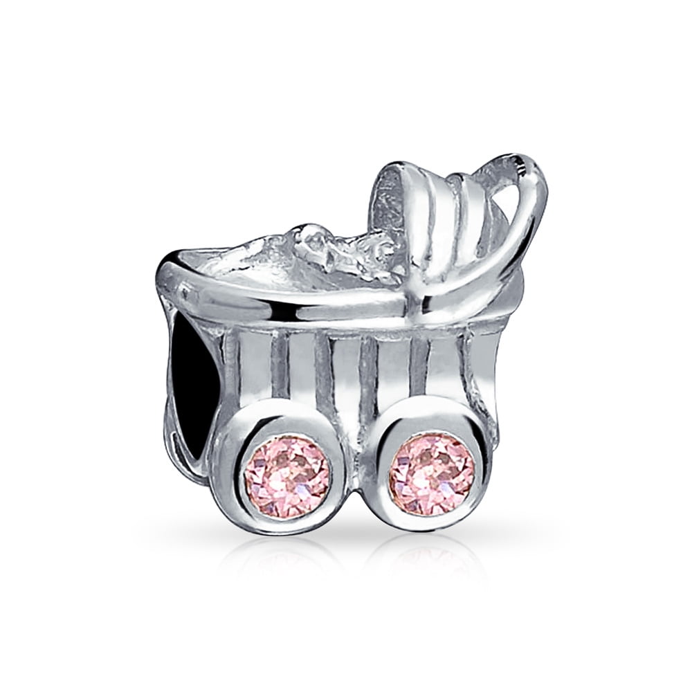 Solid 925 Sterling Silver Wheel with Pink CZ Charm Bead