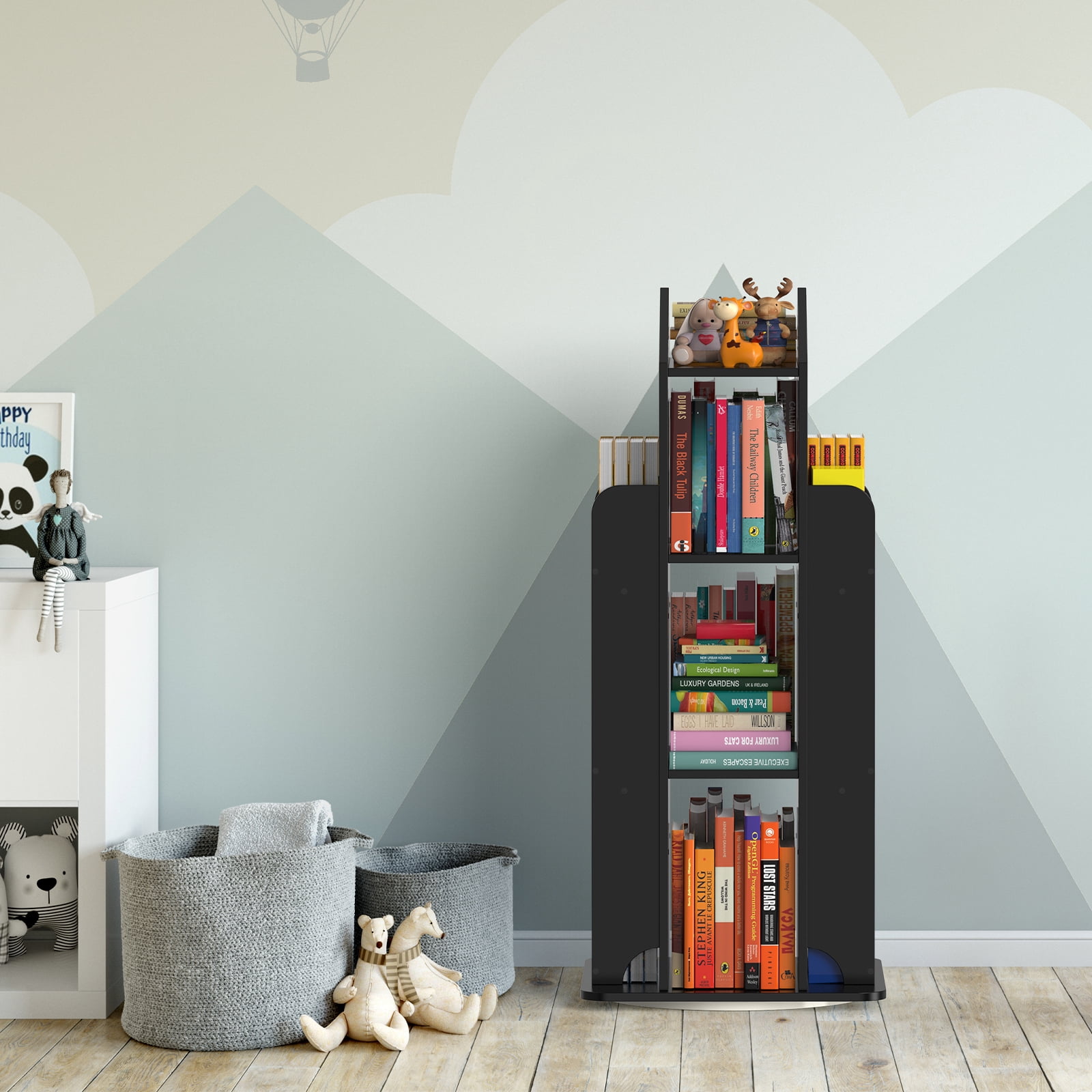 360° Rotating Kids Bookshelf, Black Engineered Wood House-Shaped Bookcase, 38in Tall Storage Organizer for Bedroom, Playroom, Living Room