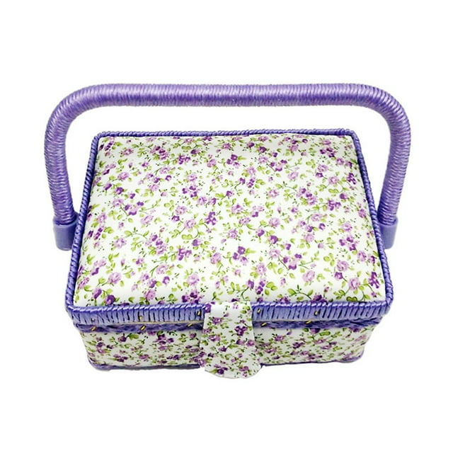 Small Sewing Basket Printed Design Sewing Tools Storage Box with Built-in Pin Cushion Interior Pocket