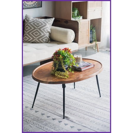 Oval Acacia Wood Coffee Table with Iron Frame 39x26x16 Inches Natural Finish for Living Room