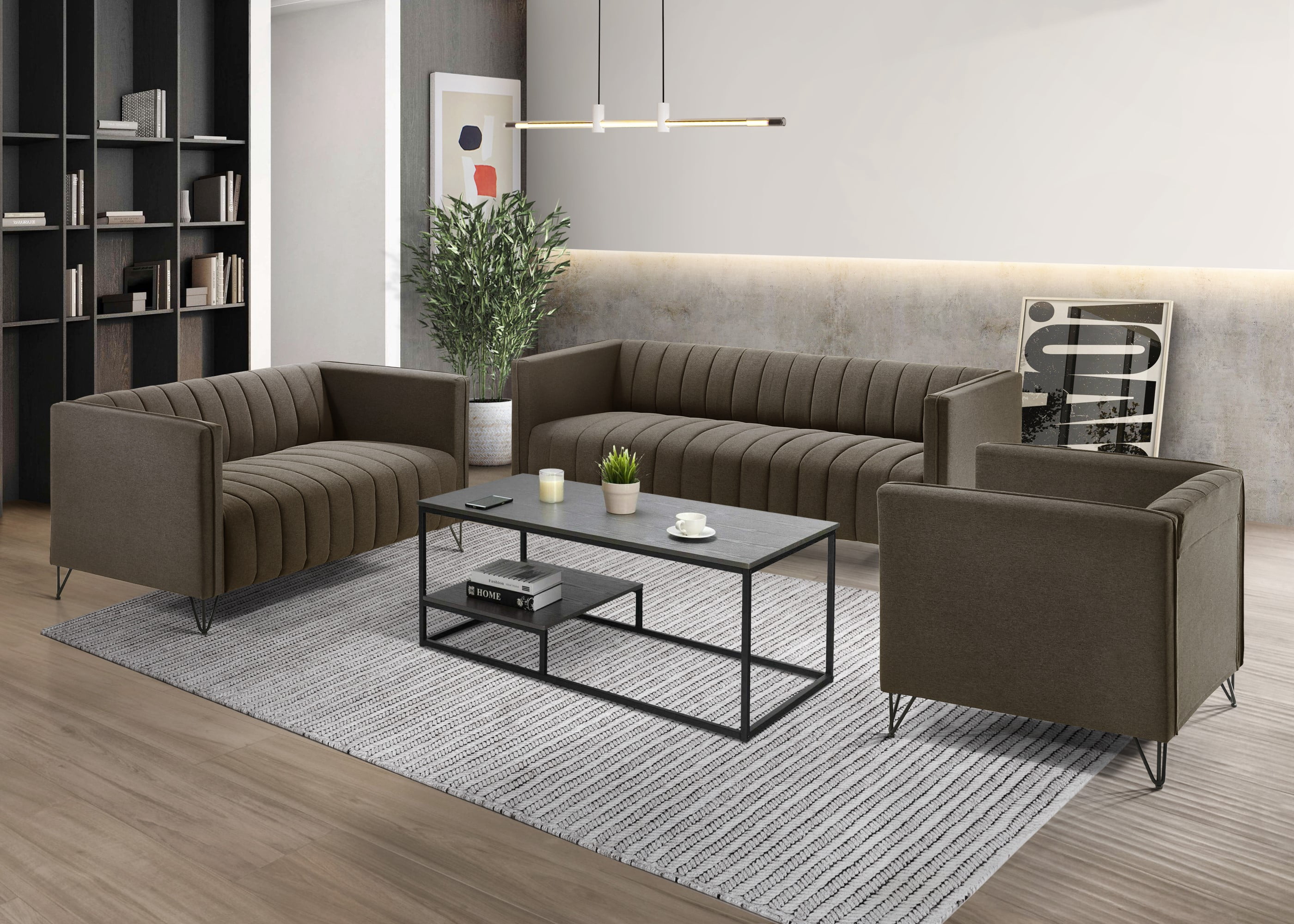 Home Design Kurtis Square Arm Loveseat with Tufted Velvet Upholstery and Gold Metal Legs, Flared Arms, Modern Living Room Seating, Brown