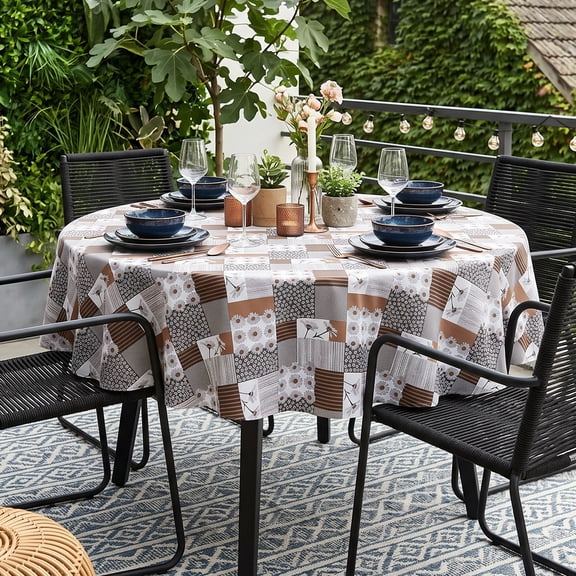 RAY STAR 60Inch Round Vinyl Tablecloth with Flannel Backing Waterproof Oil-Proof Plastic Table Cloth Wipeable PVC Table Cover for Indoor and Outdoor