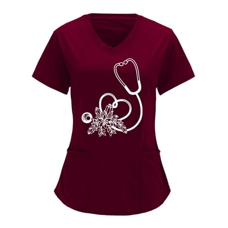 

CYMMPU Short Sleeve Scrub_Tops with Pockets Clearance Women s Summer Tunic Fashion Trendy Shirts Love Heart Graphic Nurse Valentine s Day Uniform Workwear V-Neck Working Uniform Wine XL