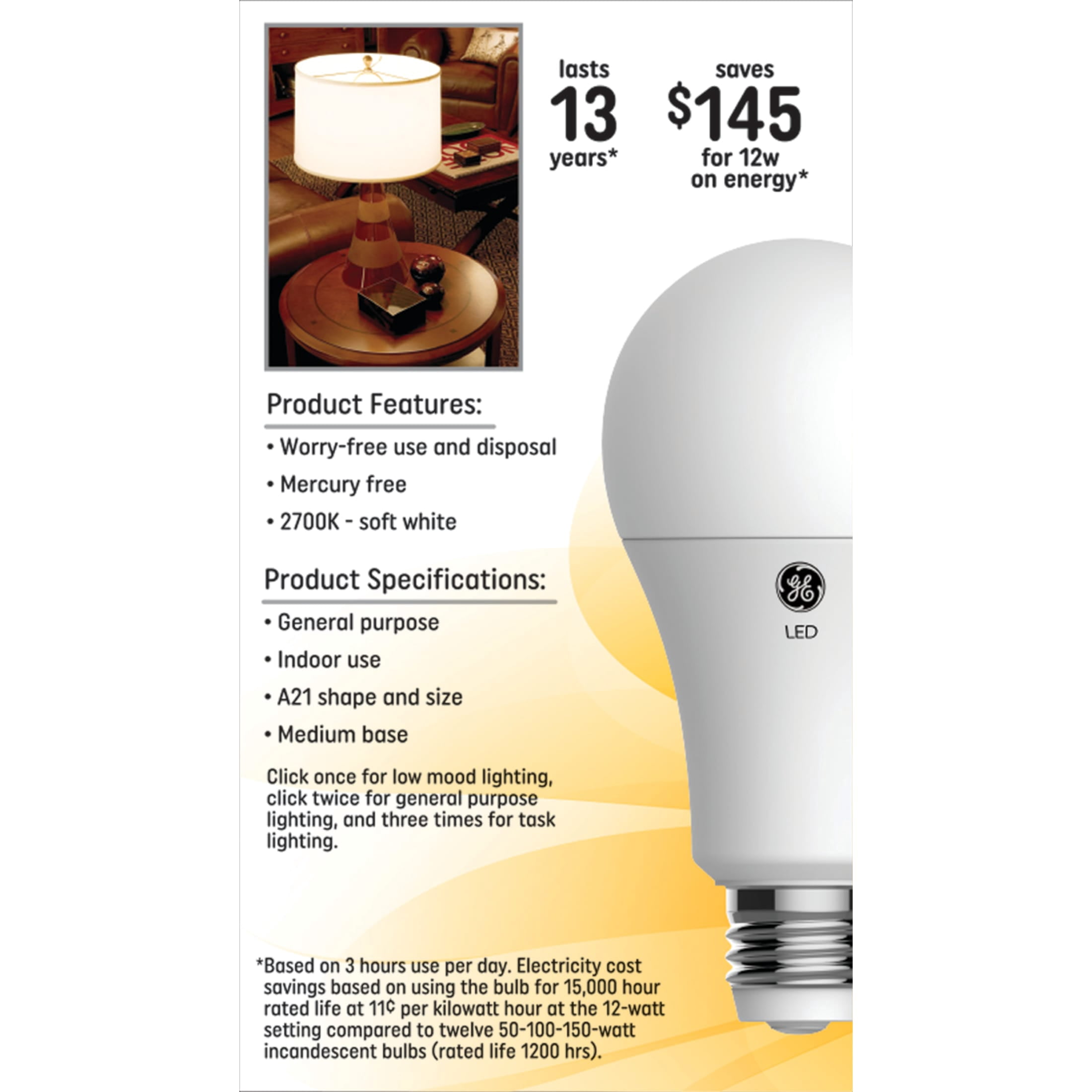 GE LED A21 3-Way Light Bulb, 150/100/50 Watt Replacement, Soft White, Medium Base